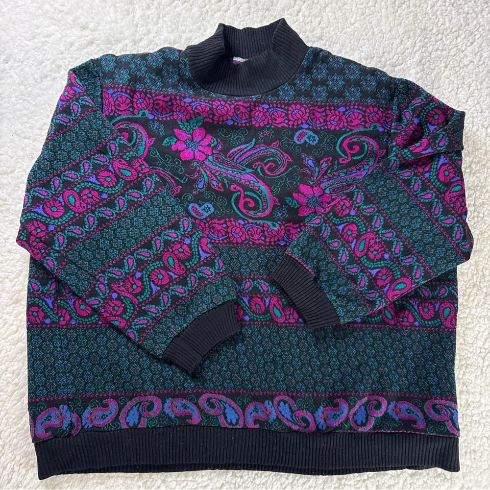 Vintage Cricket Lane Floral Paisley Mock Neck Knit Pullover Retro Sweater S
